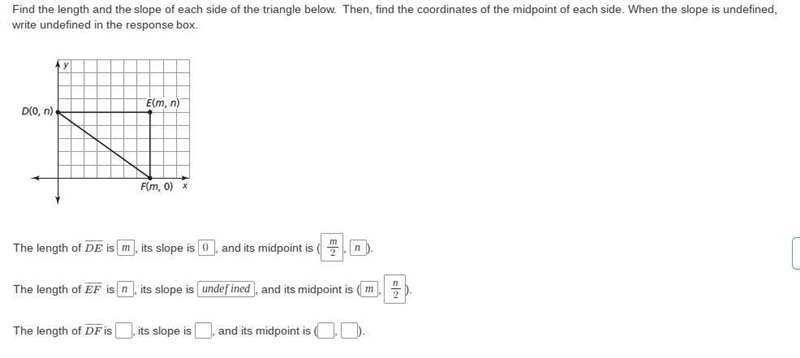 The length of DF is ___ , its slope is ____ , and its midpoint is (_ , _ ).-example-1