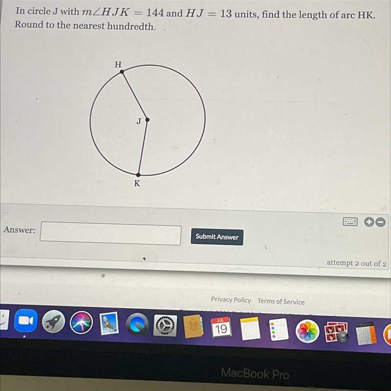 In circle J with m HJK 144 and HJ 13 units, find the length of arc HK. Round to the-example-1