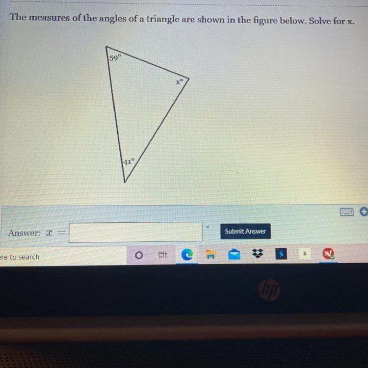 The measures of the angles of a triangle are shown in the figure. solve for x-example-1