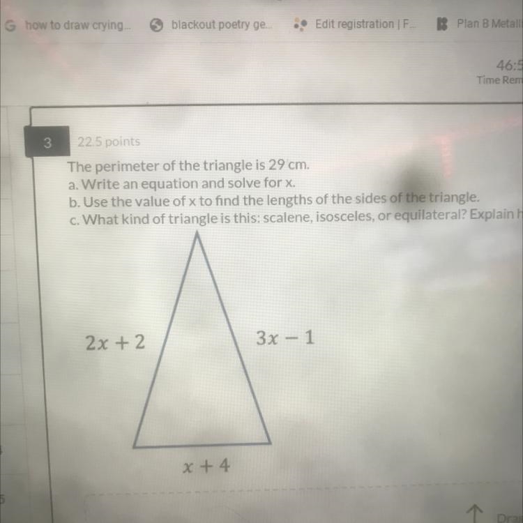 The perimeter of the triangle is 29 cm. a. Write an equation and solve for x. b. Use-example-1