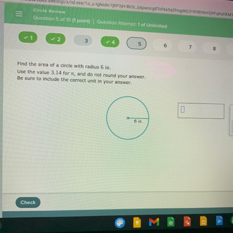 Find the area of a circle with radius 6 in. Use the value 3.14 forn, and do not round-example-1