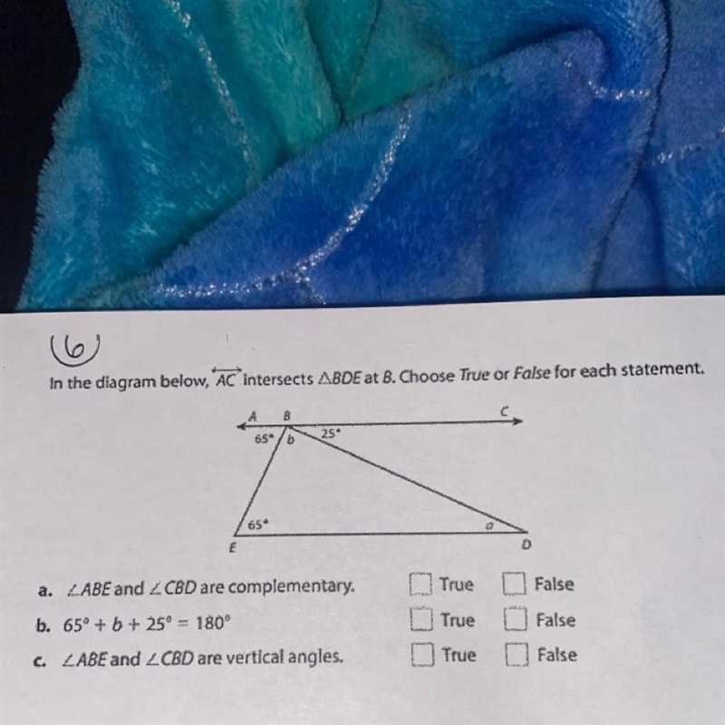 In the diagram below, line AC intersects triangle BDE at B. Choose True or False for-example-1