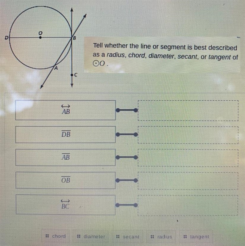 Tell us wether the line or segment is best described as a radius, chord, diameter-example-1