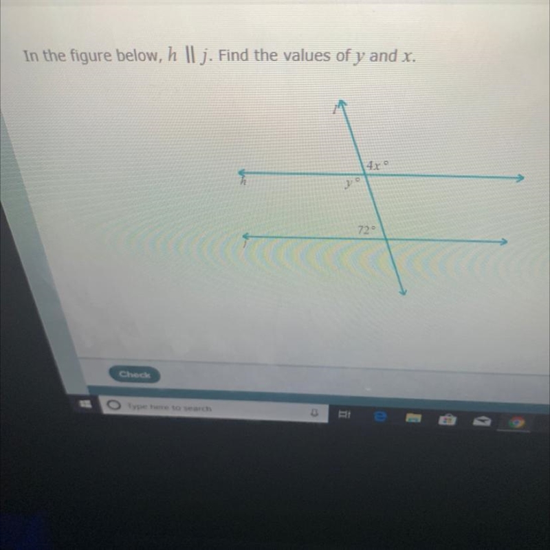 In the figure below, h || j. Find the values of y and x. 4x9 yo y = 720 x =-example-1