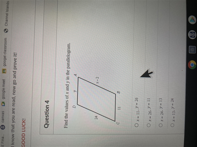 Find the value of x and y in the parallelogram-example-1