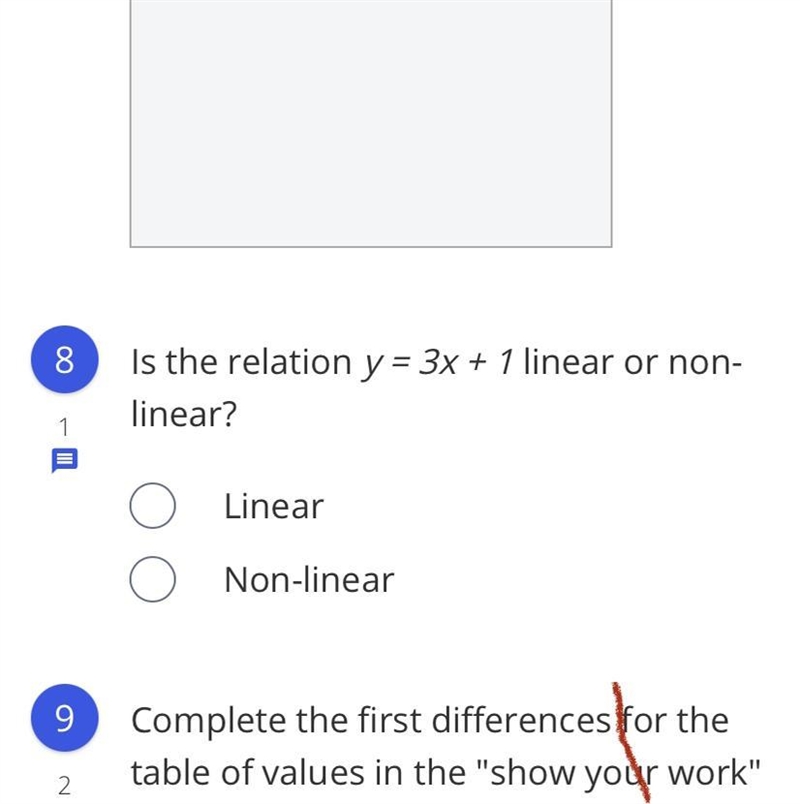 Is the relation y = 3x + 1 linear or non-linearrrrrrrrrrr???????????-example-1