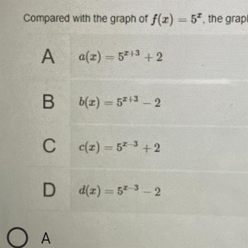 ￼￼￼ compared with the graph of f(x) equals five^x, The graph of which function is-example-1