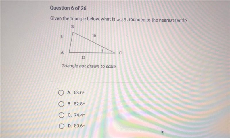 Given the triangle below is m A. 68.6 B. 82.8 C. 74.4 D. 80.6-example-1