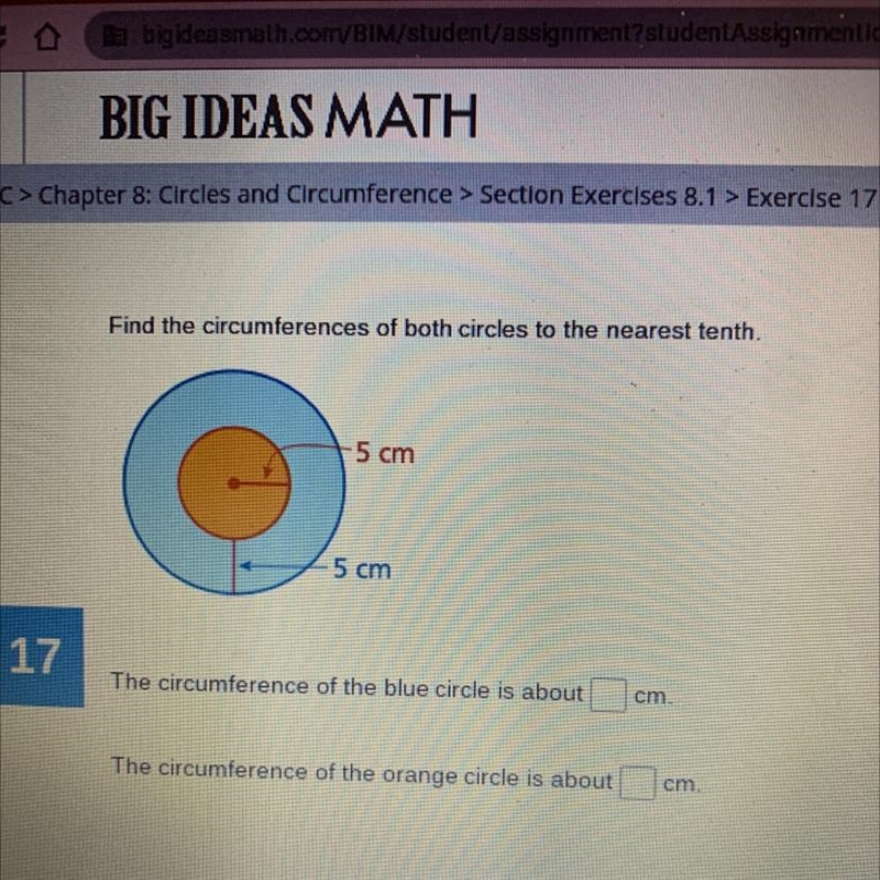 Find the circumferences of both circles to the nearest tenth. -5 cm 5 cm 17 1 The-example-1