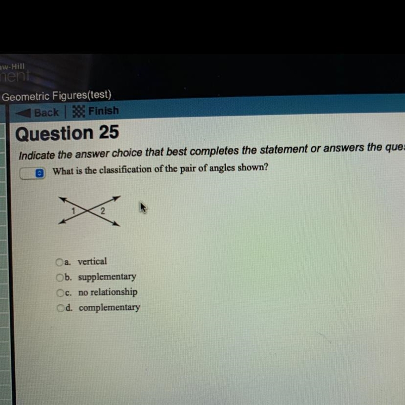 What is the classification of the pair or angles shown?(20 points)-example-1