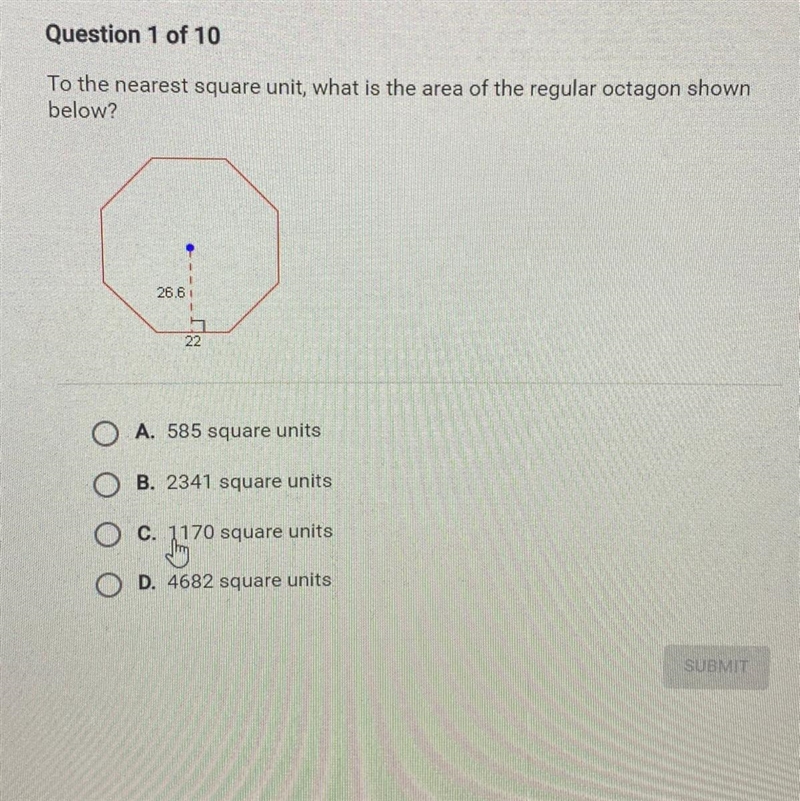 To the nearest square unit what is the area of the regular octagon shown below 26.6-example-1