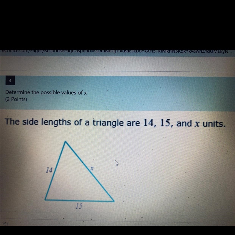 The side lenghts of a triangle are 14,15, and x units-example-1