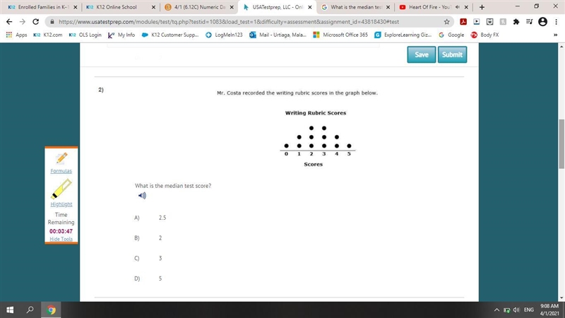 What is the median test score? A) 2.5 B) 2 Eliminate C) 3 D) 5-example-1