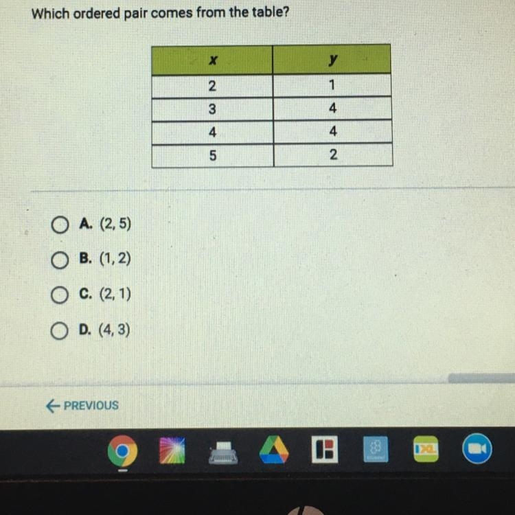 Which ordered pair comes from the table? A. (2,5) B. (1,2) C. (2, 1) D. (4,3)-example-1