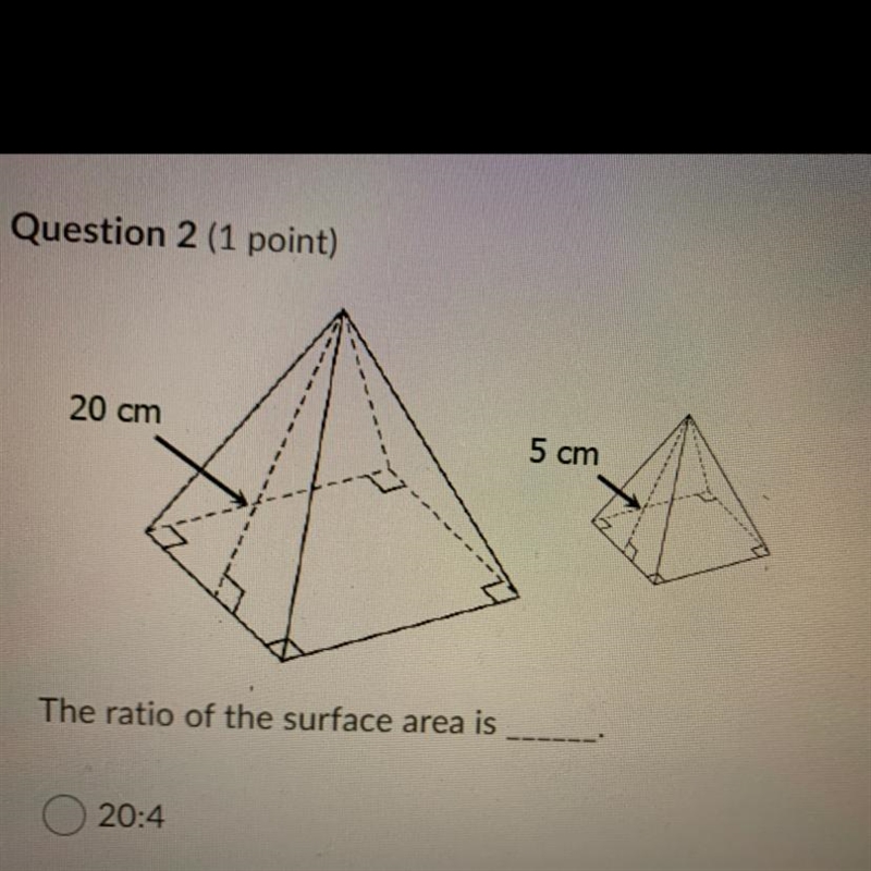 What’s the ratio of the surface area? 20:4 4:1 16:1 64:1-example-1