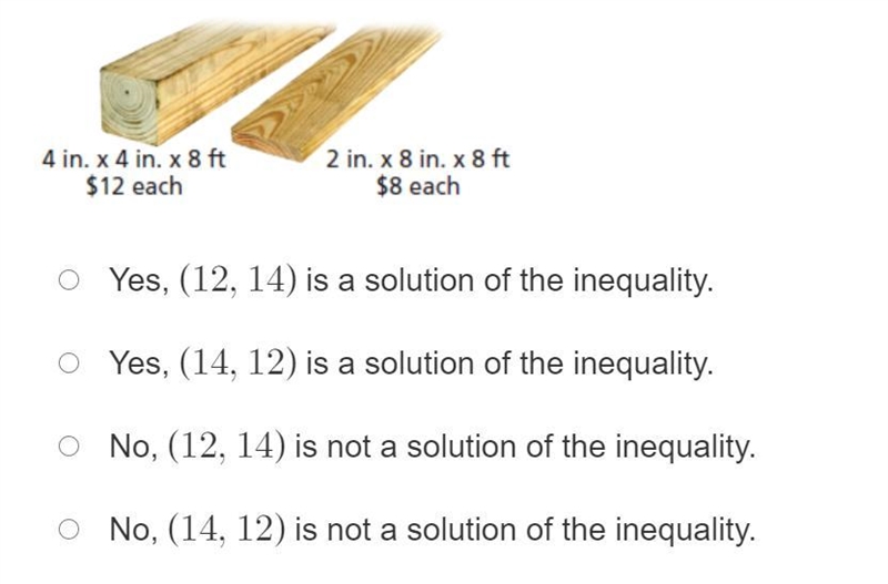 A carpenter has at most $250 to spend on lumber. The inequality 8x+12y≤250 represents-example-1