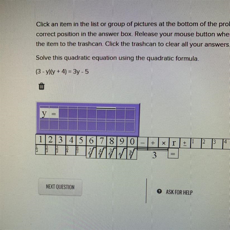 Solve this quadratic equation using the quadratic formula (3 - y)(y + 4) = 3y - 5-example-1