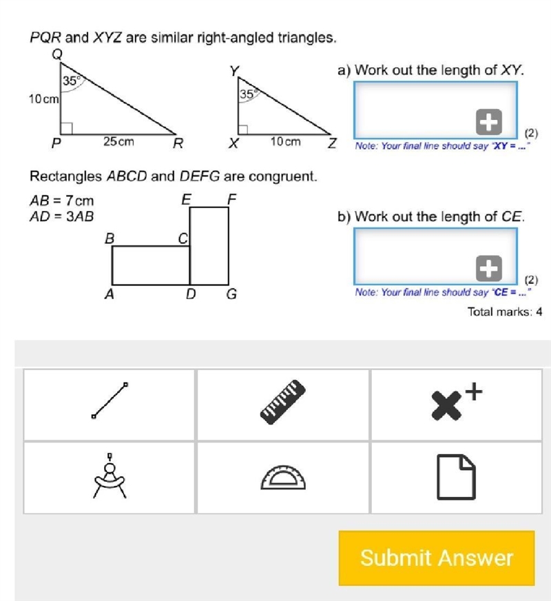 PQR and XYZ are similar right angled triangles. A) work out the length of XY Note-example-1