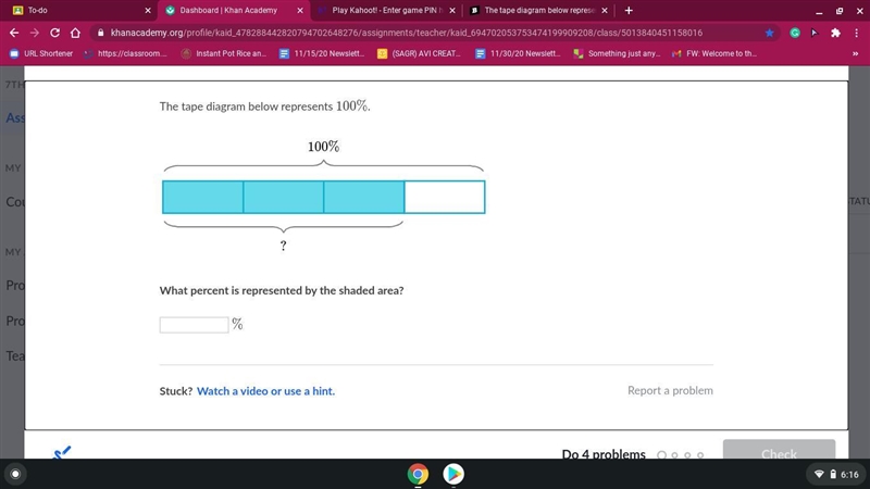 The tape diagram below represents 100% percent. What percent is represented by the-example-1