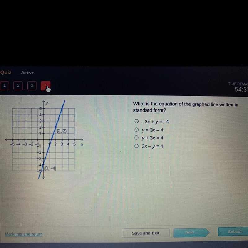 What is the equation of the graphed line written in standard form?-example-1