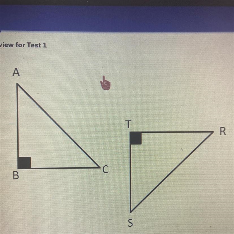 In the diagram below, ΔABC≅ΔSTR. Complete the statement ∠A≅ A. ∠C B. ∠S C. ∠T D. ∠R-example-1