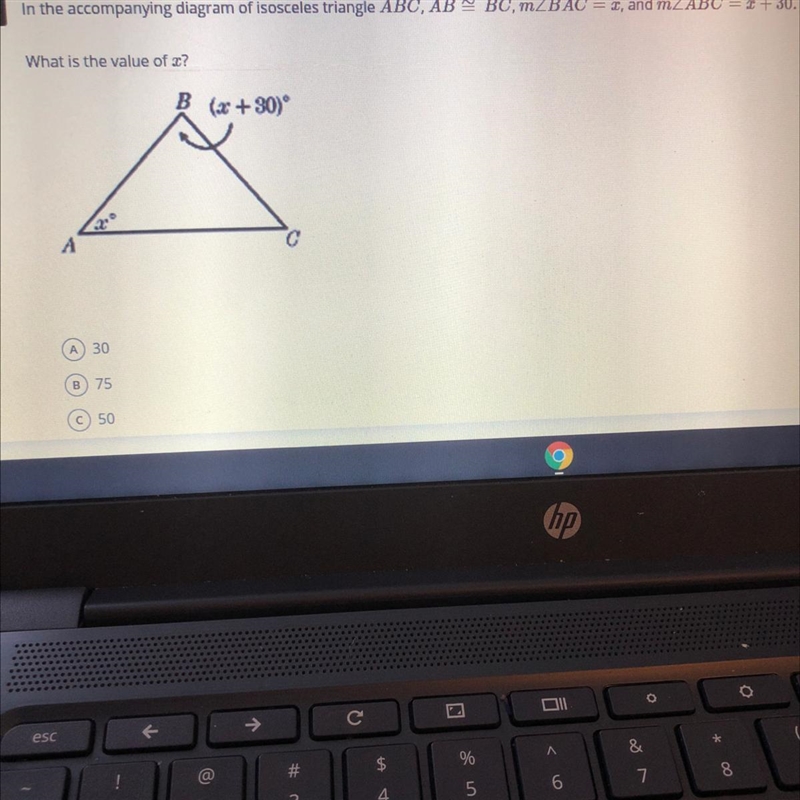 In an isosceles triangle what is the value of x-example-1