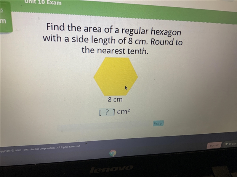 Find the area of a regular hexagon with a side length of 8cm. Round to the nearest-example-1