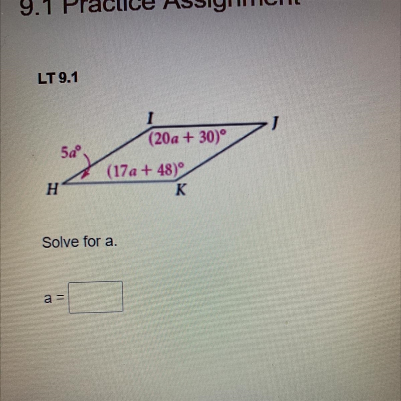 J (20a + 30° Saº (17a+ 48) K Solve for a a --example-1