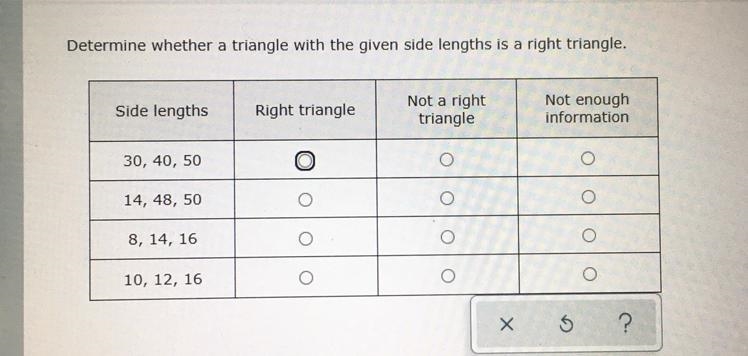 Determine whether a triangle with the given side lengths is a right triangle.-example-1