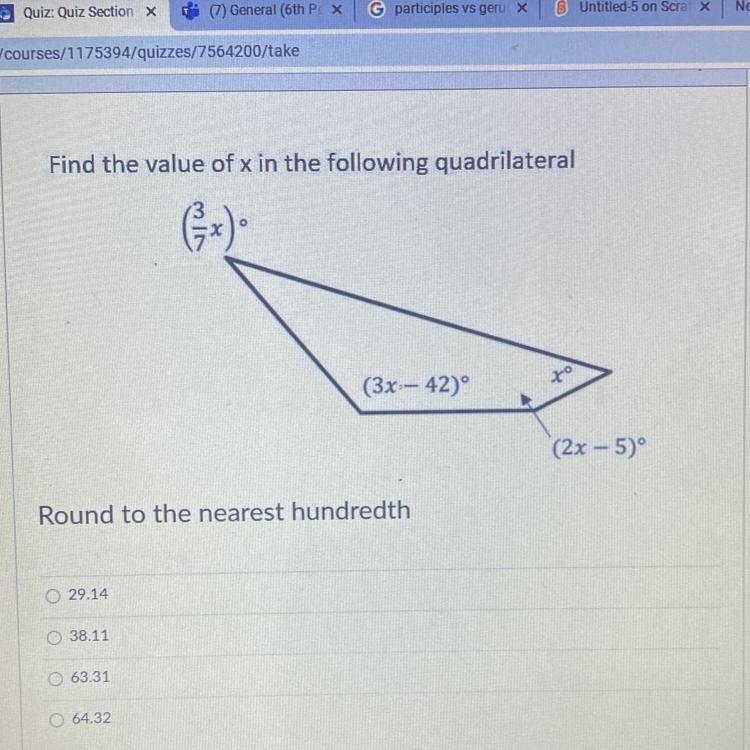 Find the value of x in the following quadrilateral (3x:- 42)° - (2x - 5)° Please help-example-1