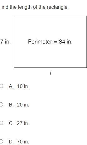 Find the length of the rectangle. A. 10 in. B. 20 in. C. 27 in. D 70 in.-example-1