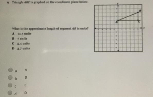 Triangle ABC is graphed on the coordinate plane below. What is the approximate length-example-1