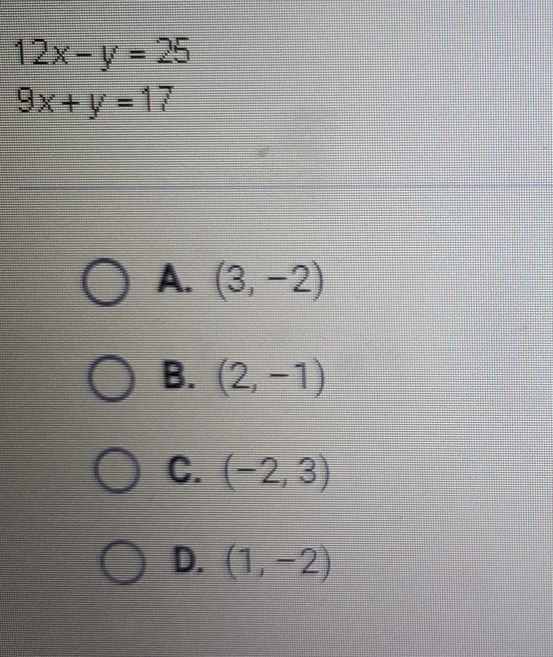 Use the elimination method to solve the system of equations. Choose the correct ordered-example-1