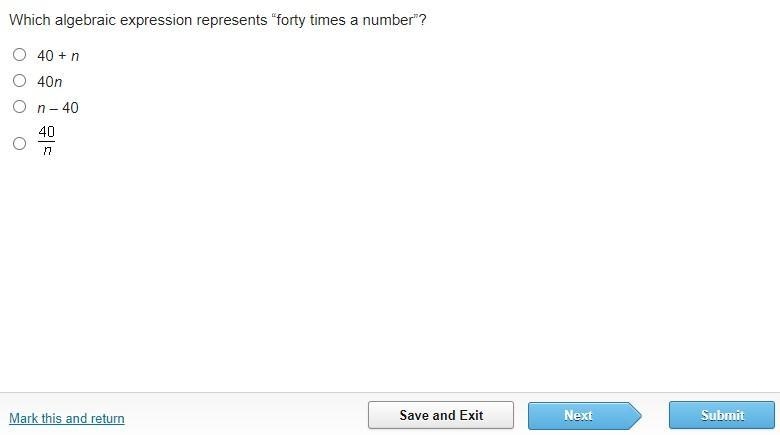 Which algebraic expression represents “forty times a number”?-example-1