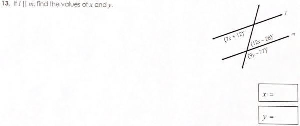 If l is parallel to m, find the values of x and y.-example-1