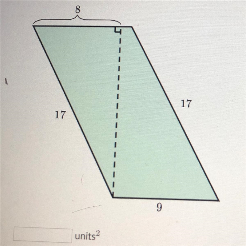 What is the area of the parallelogram shown below? 8 17 17 9-example-1