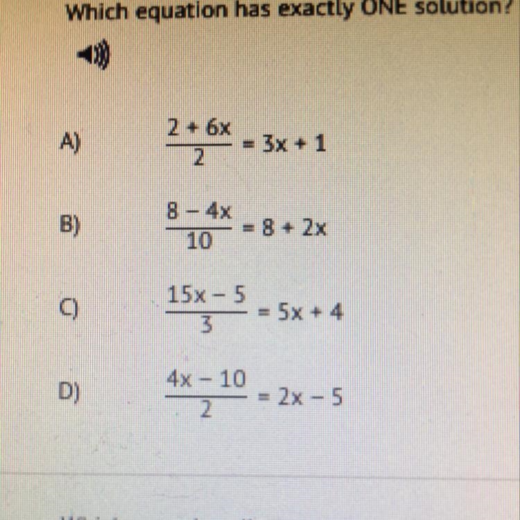 Which equation has exactly ONE solution?-example-1