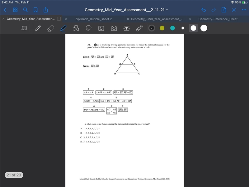 James is practicing proving geometric theorems. He writes the statements needed for-example-1