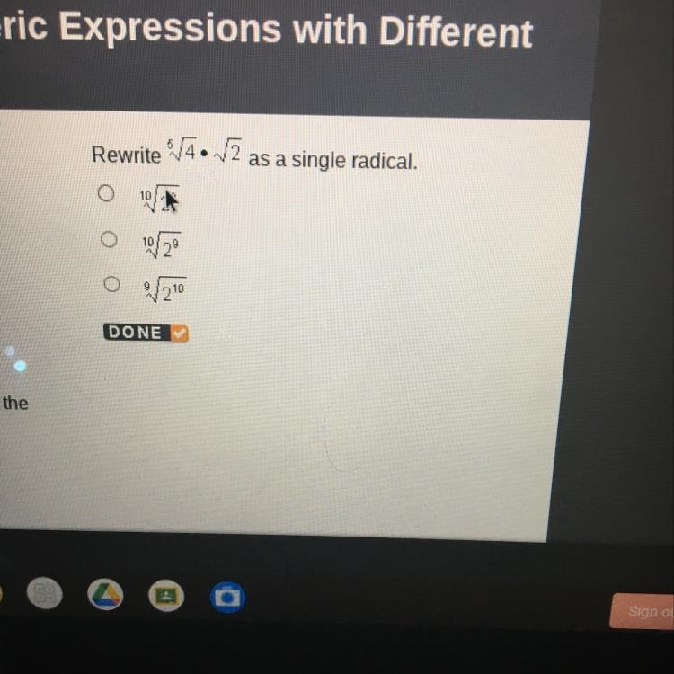 Rewrite ^5 square root of 4 * square root of 2 as a single radical-example-1