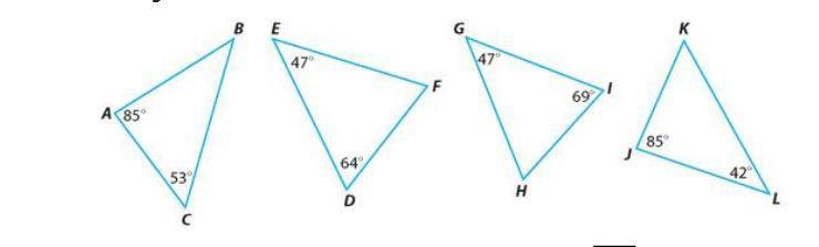 1. Find the missing angle for each triangle. 2. Which triangles are similar (Hint-example-1