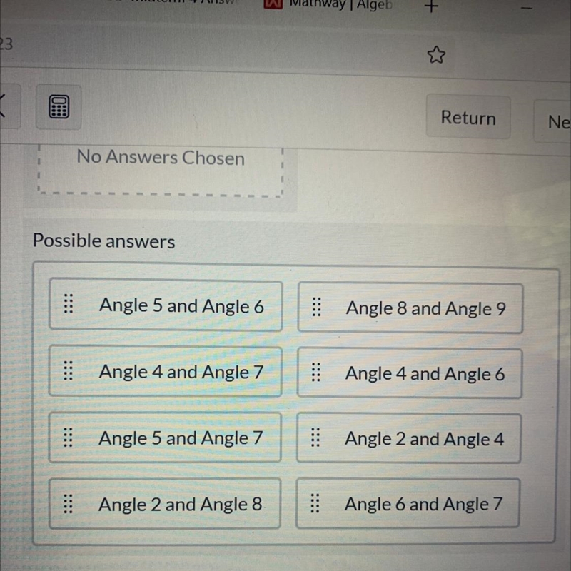 Match each angle pair with their relationship-example-1