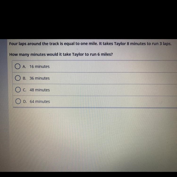 Four laps around the track is equal to one mile. It takes Taylor 8 minutes to run-example-1