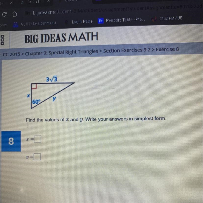 Find the values of x and y. Write your answers in simplest form.-example-1