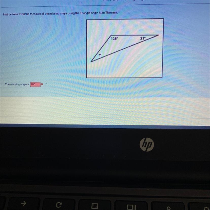 Find the measure of the missing angle using the triangle angle sum theorm-example-1