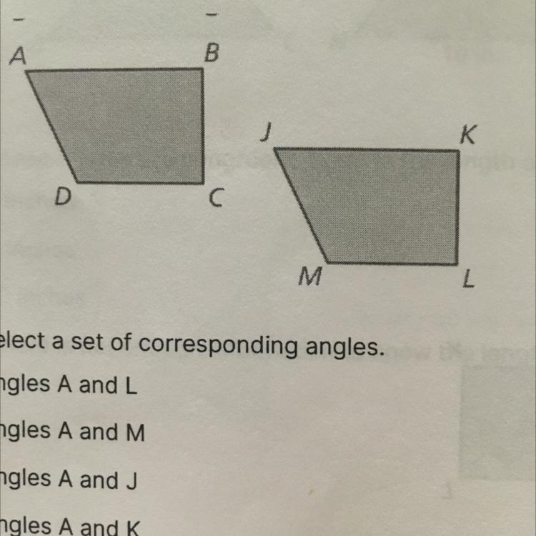 6. Select a set of corresponding angles. A Angles A and L B) Angles A and M C Angles-example-1