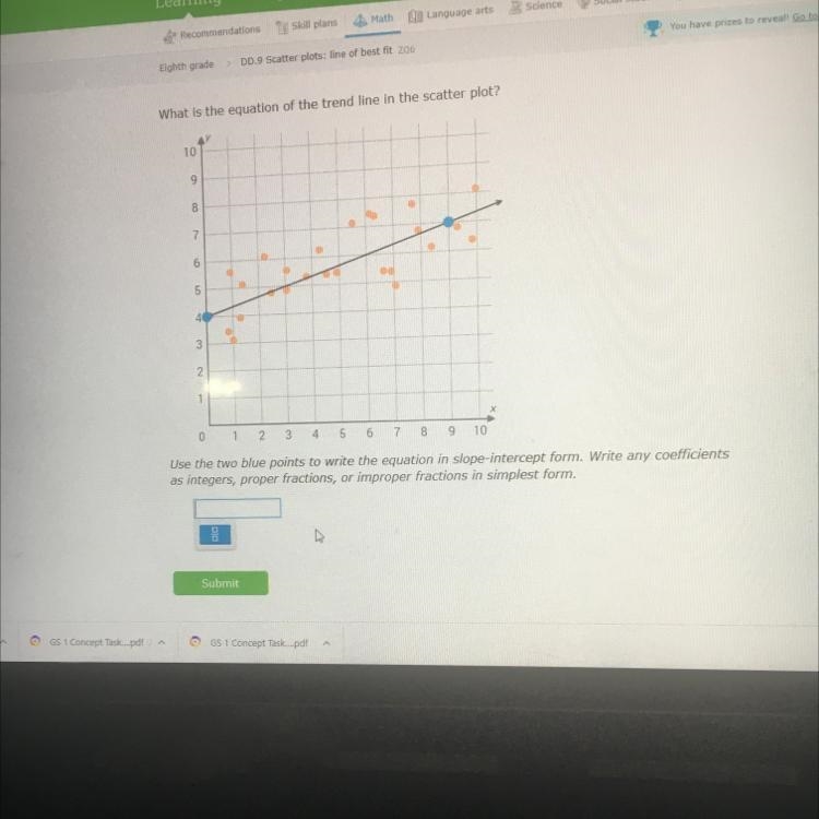 What is the equation of the trend line in the scatter plot? Someone pls help I will-example-1