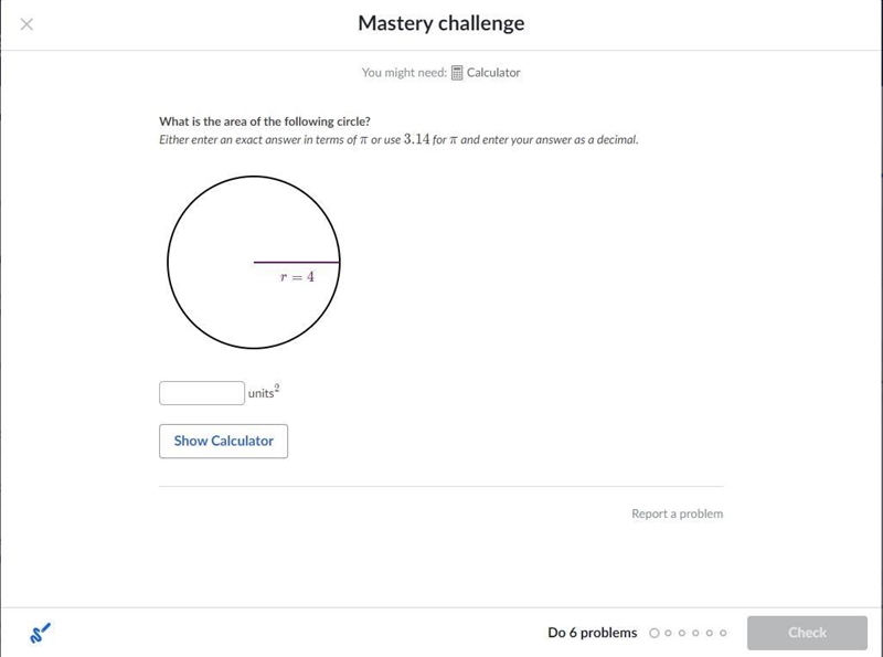 What is the area of the following circle?-example-1