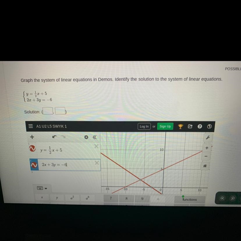 Graph the system of linear equations in desmos. identify the solution to the system-example-1