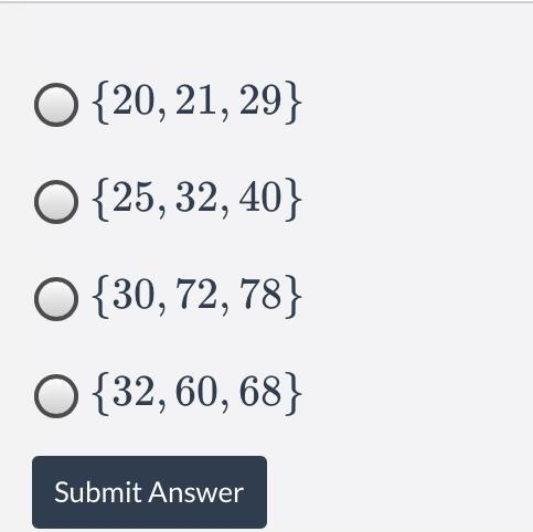 Which of the following sets of numbers could not represent the three sides of a right-example-1