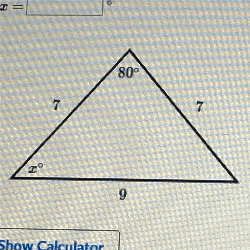 Find the value of x in the triangle shown below-example-1